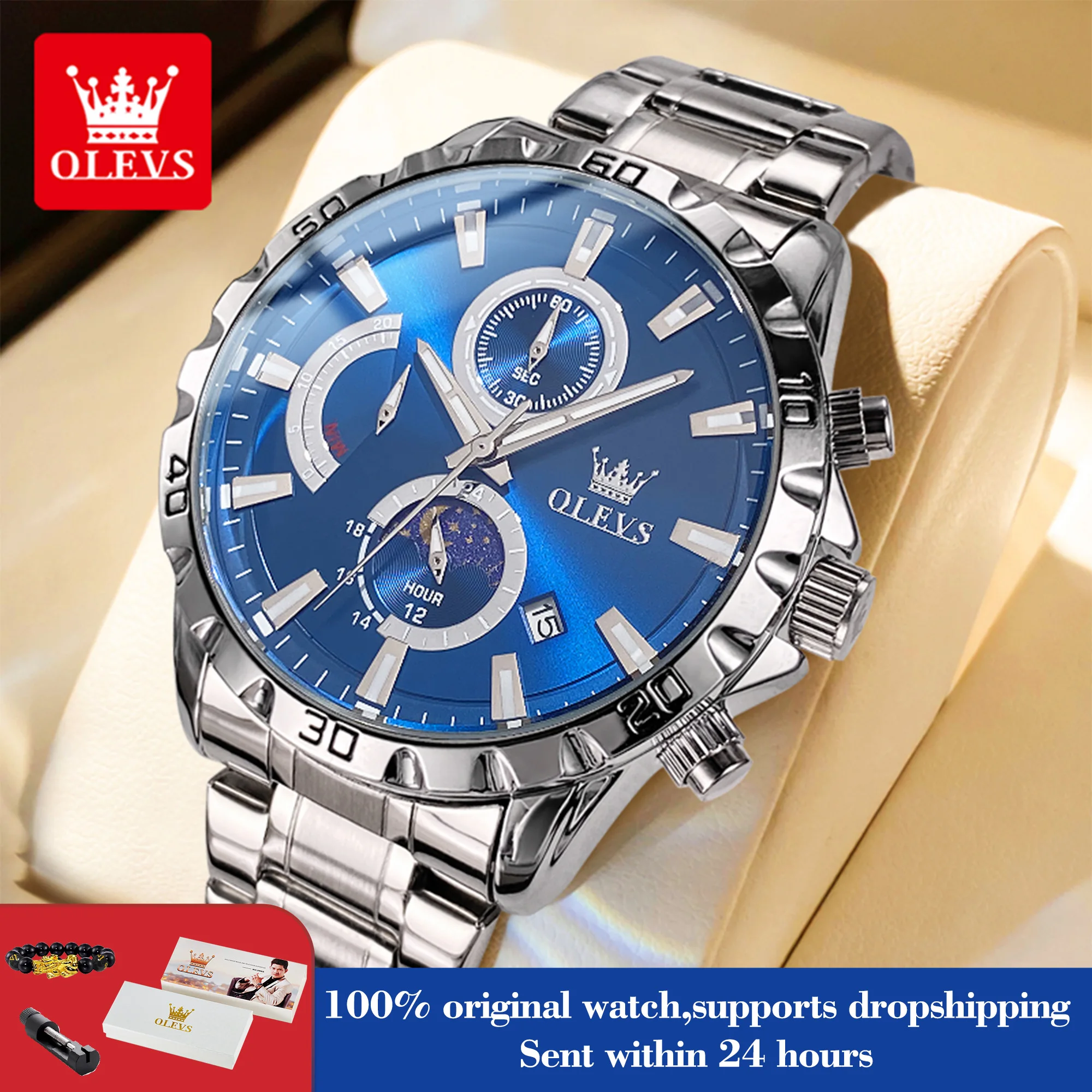 

Часы OLEVS 2953 для мужчин, модные кварцевые мужские часы с фазой Луны, хронограф, водонепроницаемые роскошные часы из нержавеющей стали с автоматической датой