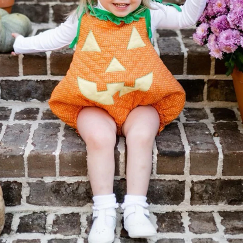 Newborn Baby Halloween Costumes Cartoon Pumpkin Face Print Tie-Up Sleeveless Cosplay Romper Children\'s Clothing Autumn