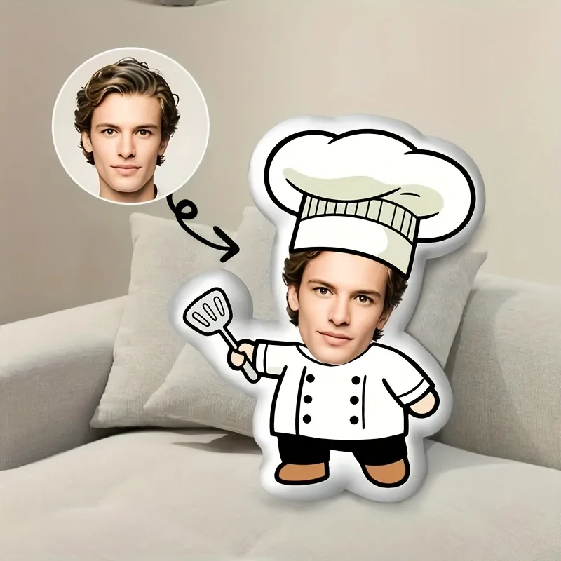 Favorito de la fiesta, almohada de felpa corta personalizada con tema de chef con diseño personalizado de cara y cuerpo, decoración para las cuatro estaciones