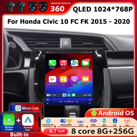 9.7 Inch For Honda Civic 10 FC FK 2015 - 2020 Android 16 Auto Car Radio Multimedia Video Player GPS Navigation Carplay 4G BT DSP