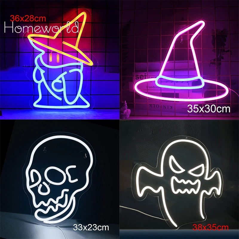 

Skull Neon Sign Custom LED Wizard Hat Neon Light Decor Halloween Party Bar Club Home Room Wall USB plug Hanging Logo