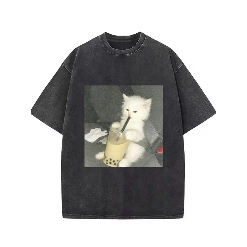 Cute Princess Cat Treasure Graphic T-Shirt Oversized Retro Washed Tee Unisex Daily Tops Streetwear Harajuku