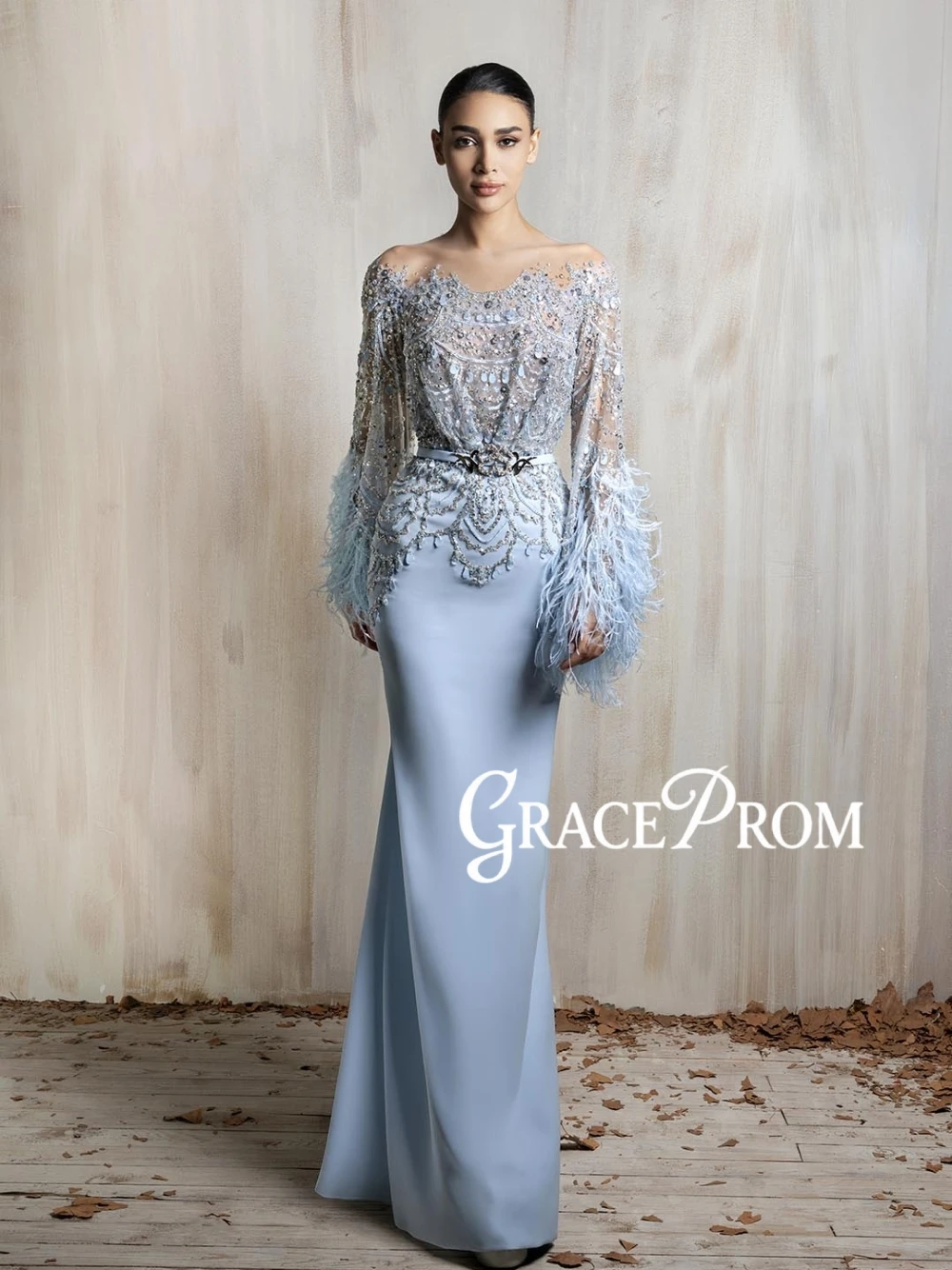 

GRACEPROM Handmade Sequined Feather Sleeve Evening Dress Dusty Blue Sheer Off Shoulder Mermaid Muslim Gown For Wedding Eid Party