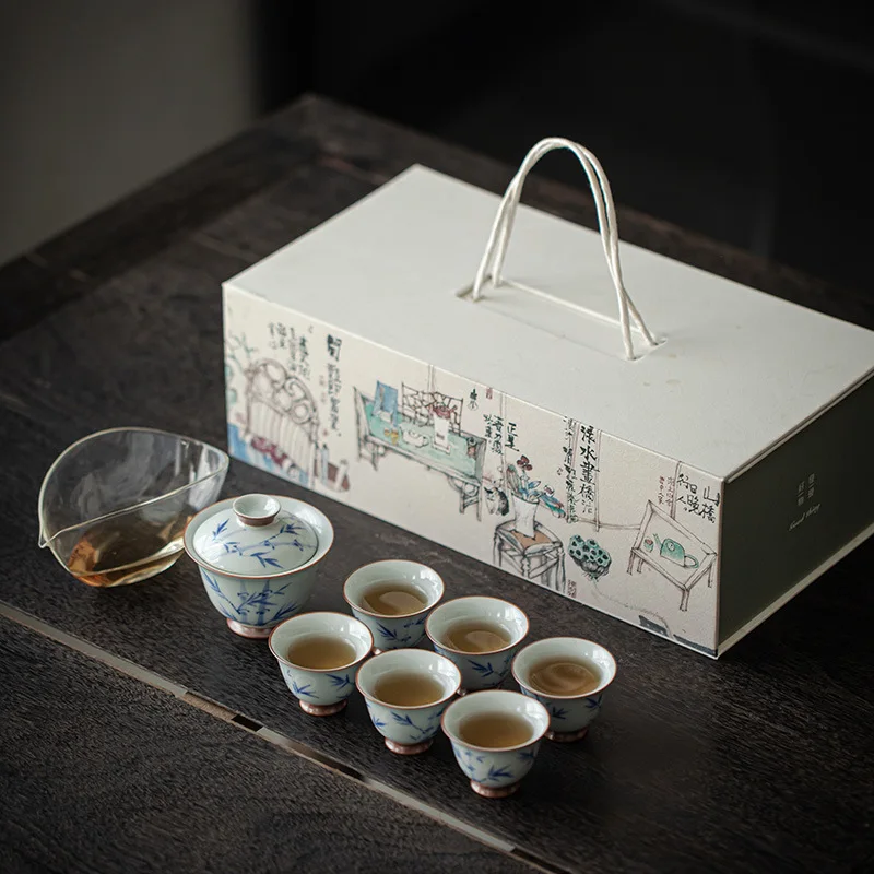 

Hand-painted blue and white bamboo tea set with accompanying gifts, gift box set for household tea set, set for tea ceremony