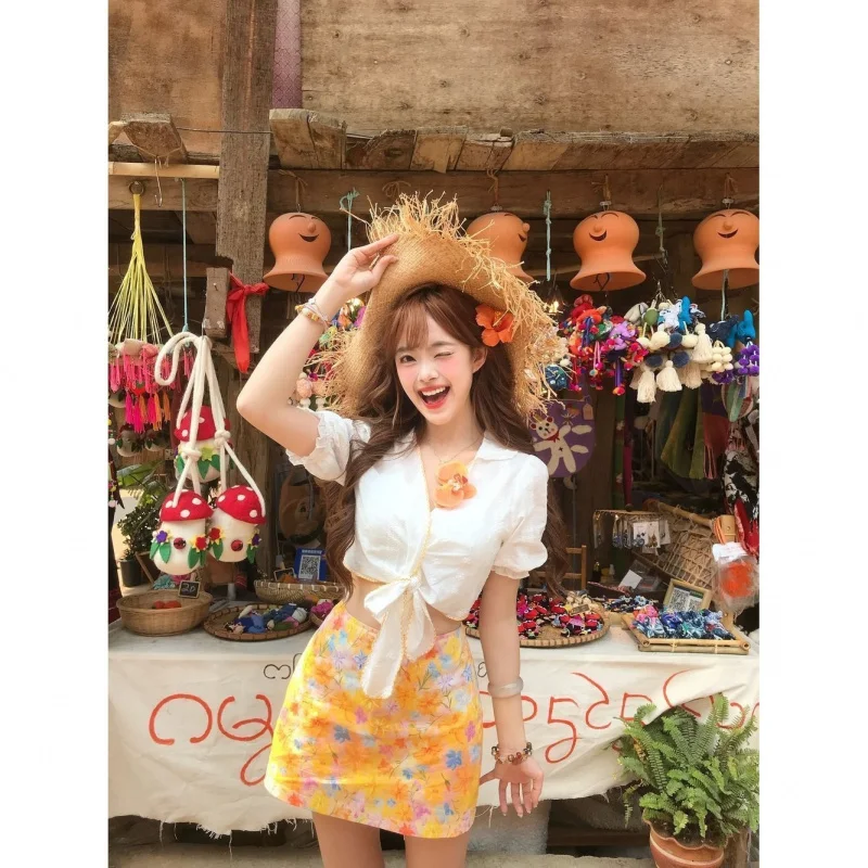 Orange Sea French-style tie-up puff sleeve top, orange floral split skirt bikini swimsuit four-piece setINS
