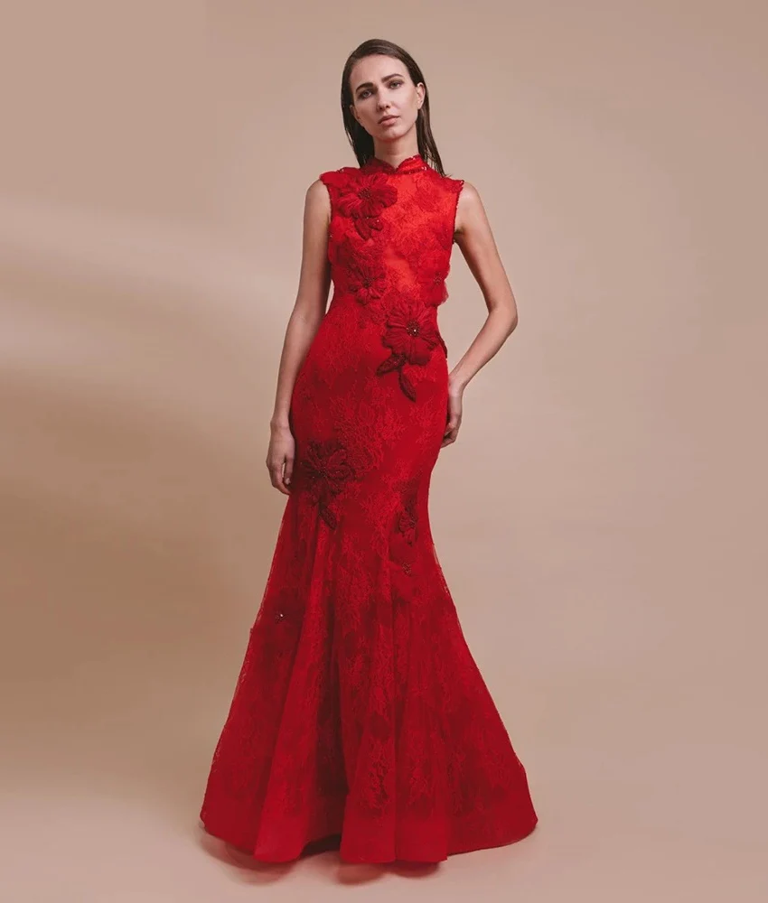 

Customized Classic Lace Mermaid Sequined Beading 3D Flowers Evening Dress High Quality High Collar Floor Length prom dresses