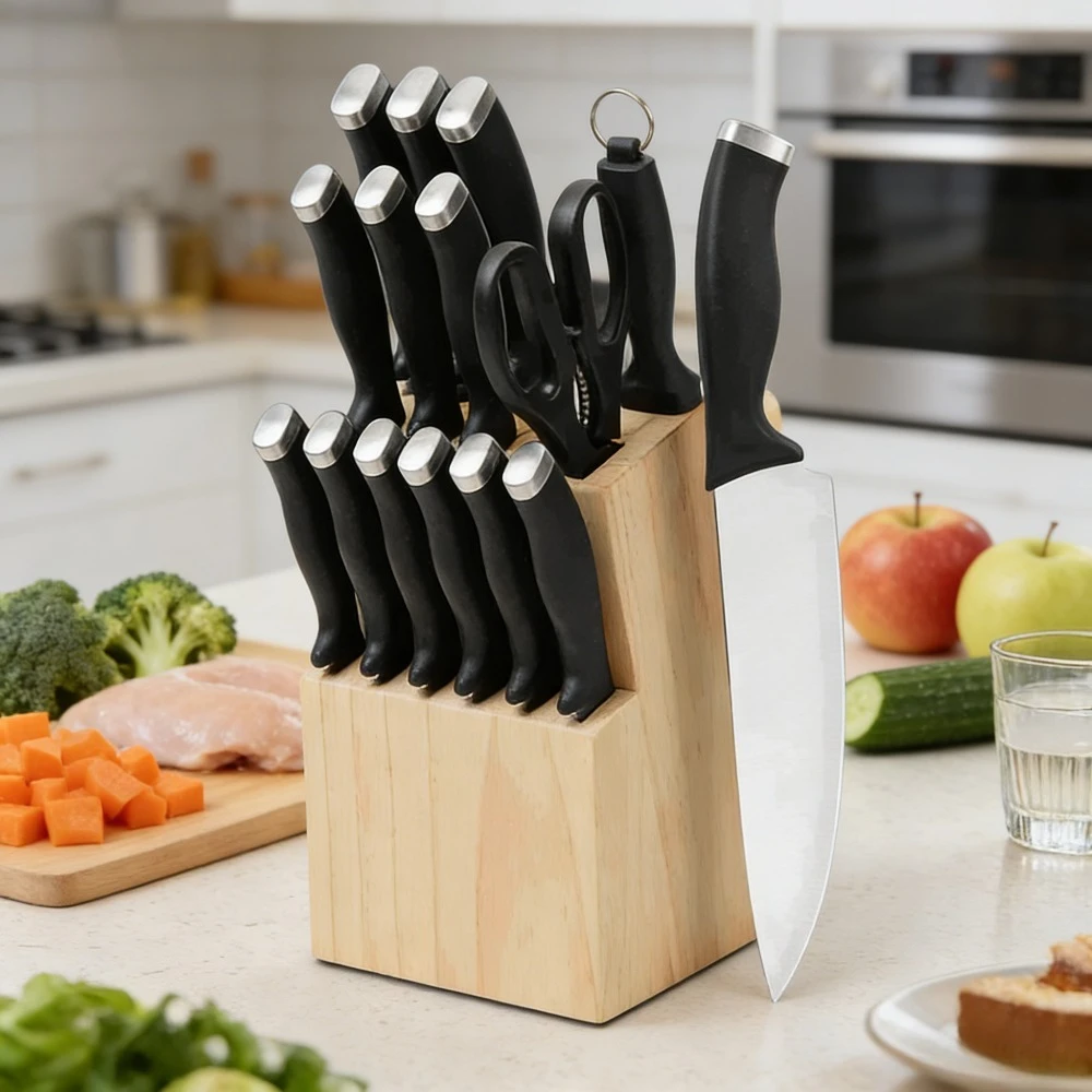 Set di Coltelli da Cucina Professionale DFITO 16 Pezzi in Acciaio Inox 3CR13 con Manico in PP Nero e Blocco in Legno per Ristorante Casa Confezione Regalo