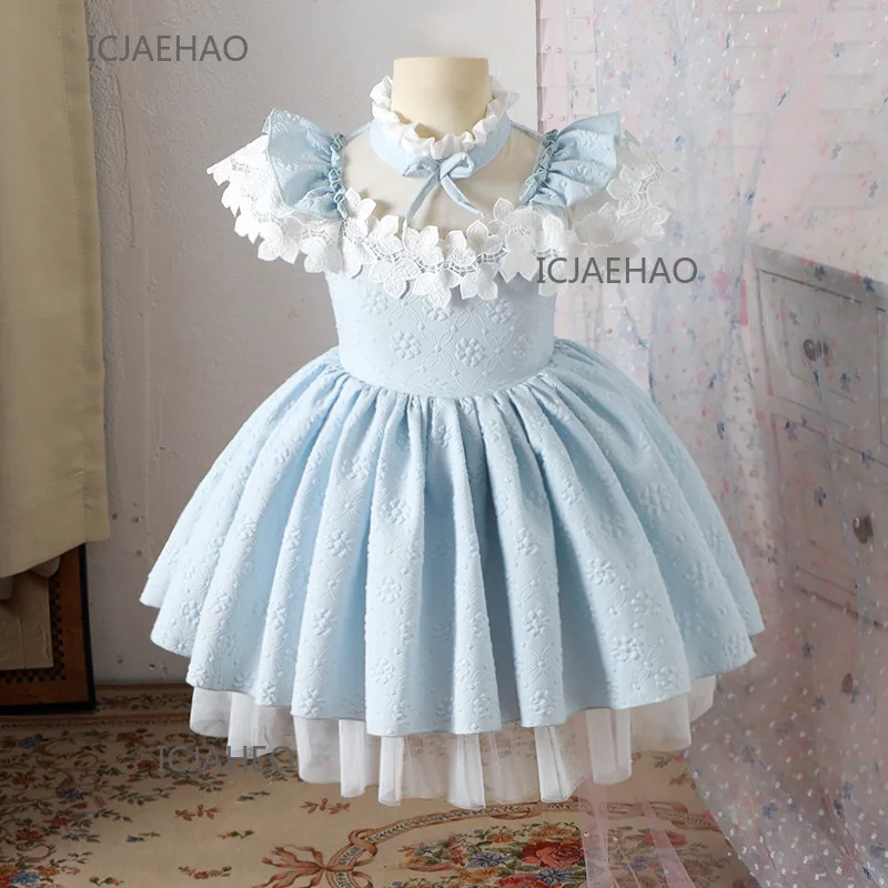 

2025 Party Dress Kids Tutu Pageant Host Evening Gown Costume New Children Short Sleeve Birthday Banquet Blue Dresses Outfit