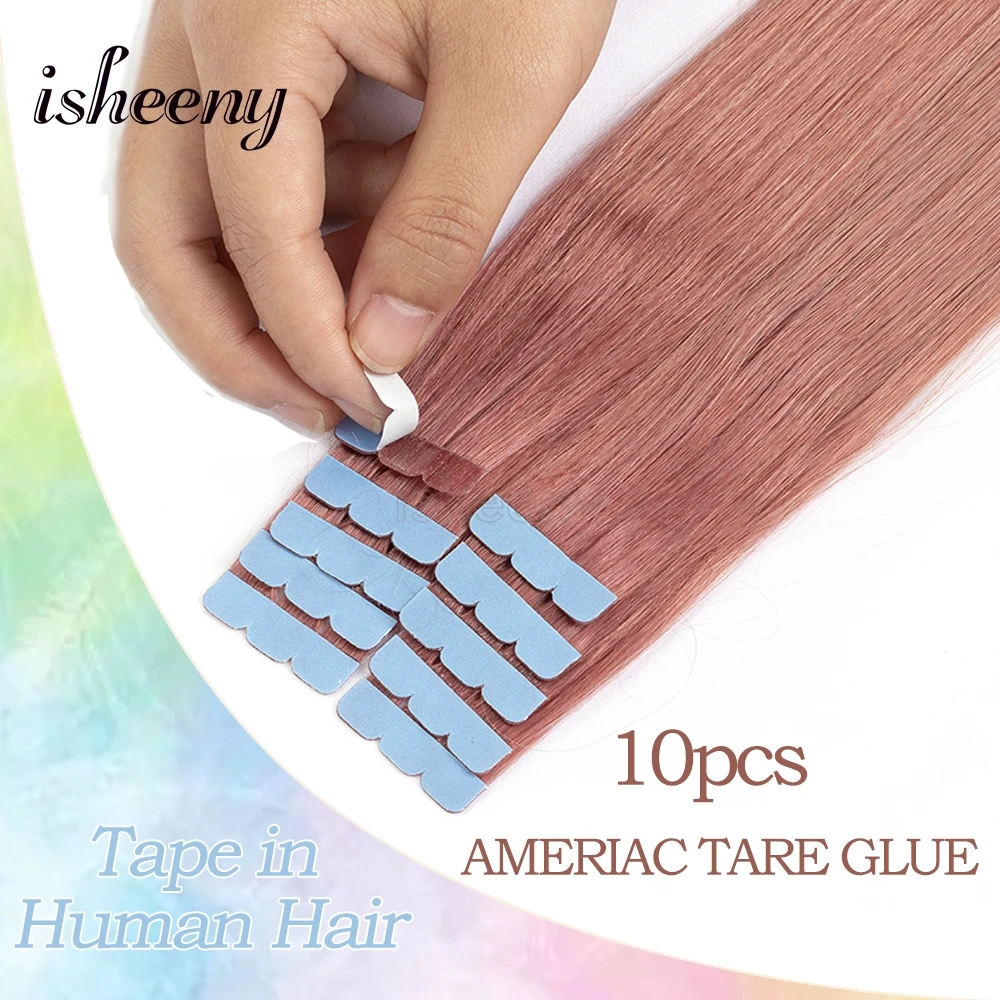 Isheeny ruban rose Pastel dans les Extensions de cheveux humains 10 pièces/pck Mini bande cheveux sur colle 12 16 20 pouces pièces de cheveux de couleur fantaisie