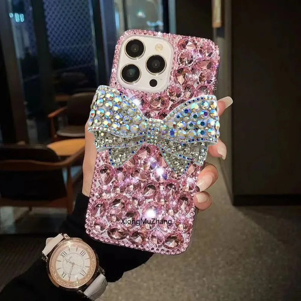 Vollständig mit Diamanten besetzte Handyhülle für iPhone 11 12 13 Mini 14 15 Pro Max 16 18 17 Pro Max Xs Max Luxuriöse Handgefertigte Schleifen-Handyhülle mit Kristallen – Detail 2