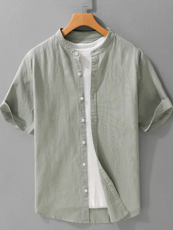 

Мужская повседневная рубашка из льняной хлопковой смеси с коротким рукавом, летняя, тонкая, дышащая, базовая, в китайском стиле, с воротником-стойкой