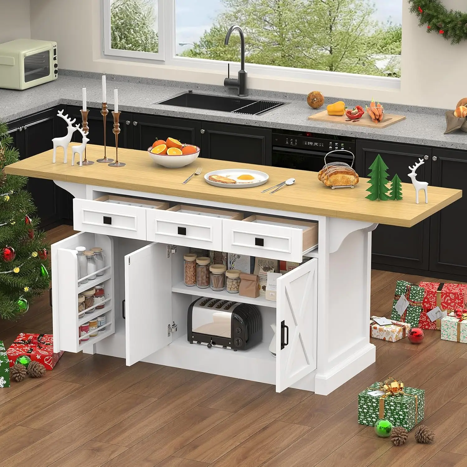 

71" Kitchen Island Table With Power Outlet Drop Leaf 3 Drawers Trash Storage Cabinet 3 Storage Rack Spice Rack Customized