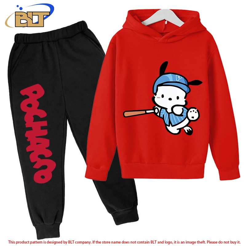 Pochacco-Ensemble sweat à capuche et pantalon en peluche pour enfants, sweat-shirt de sport rouge, adapté aux garçons et aux filles, ensemble 2 pièces