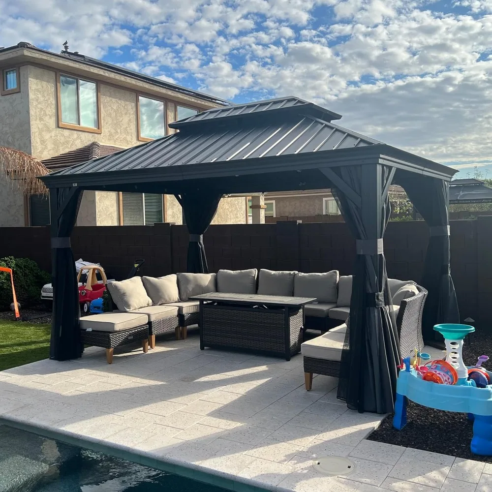 

Беседка с твердым верхом 10 x 13 футов, алюминиевая перманентная беседка с двойной крышей из оцинкованной стали для патио, лужайки и сада