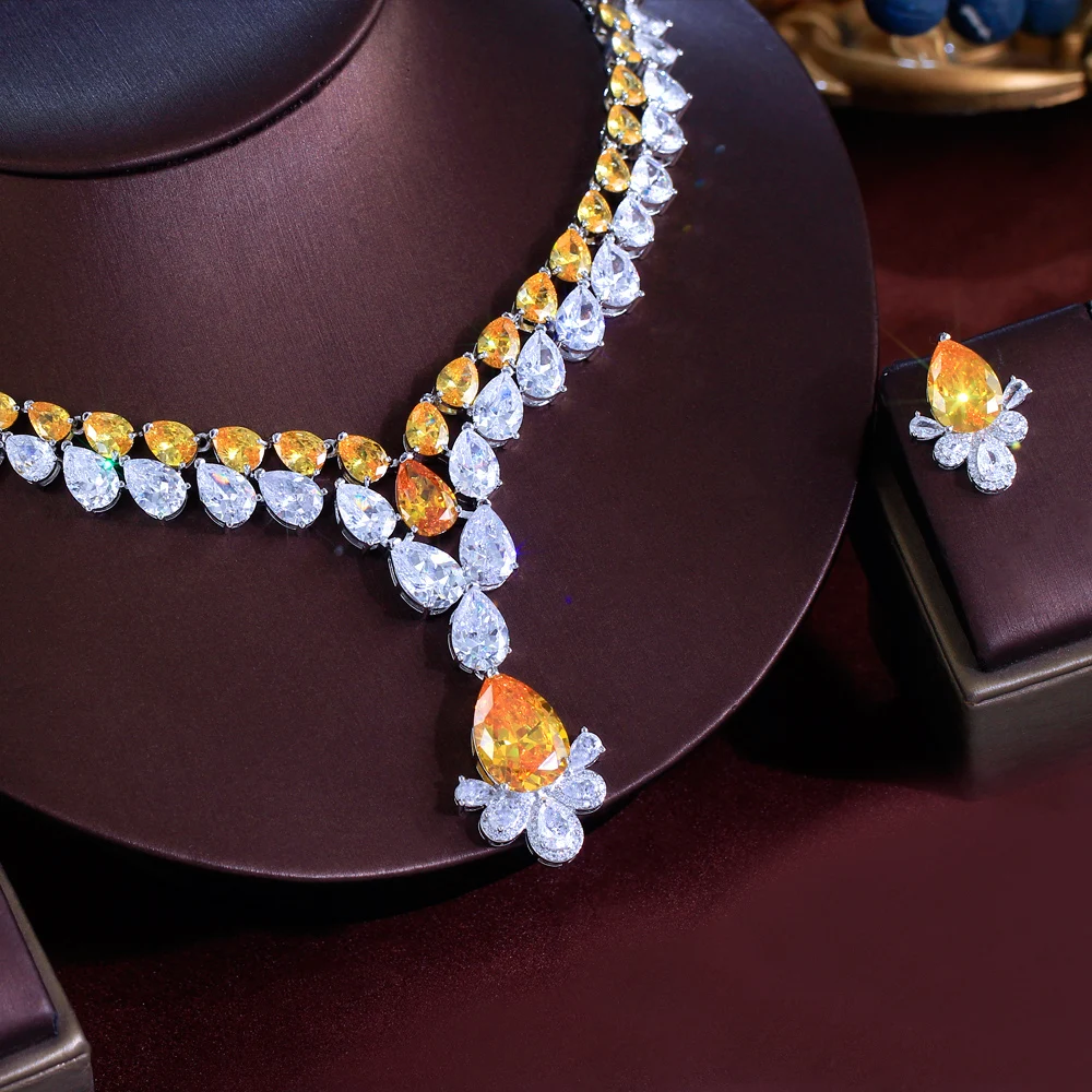 

ThreeGraces Luxury Shiny Yellow White Zirconia Wedding Bridal Evening Party Water Drop Jewelry Set for Women Accessories T1053