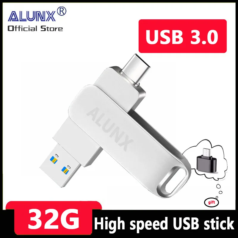 ALUNX 100% 정품 펜드라이브 OTG 타입 C USB 3.0, 512Gb, 32Gb, 64Gb 금속 USB 플래시 드라이브, 128Gb 펜 드라이브, 256 Gb, 8Gb USB 스틱, 16 Gb