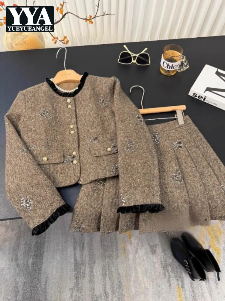 Autumn Embroidered Sequins Retro Womens Short Jacket Sets O-Neck Jackets Two-Piece Set Above Knee Length Pleated Skirt Outfits