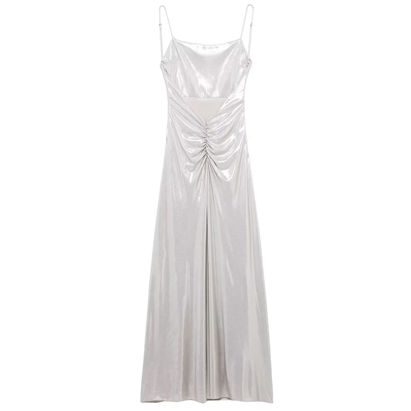 TRAF Womens Dresses Silvery Foil Slip Dresses Women's Dress Ruffled Sleeveless Balckess Long Dress Elegant Party Dresses Woman