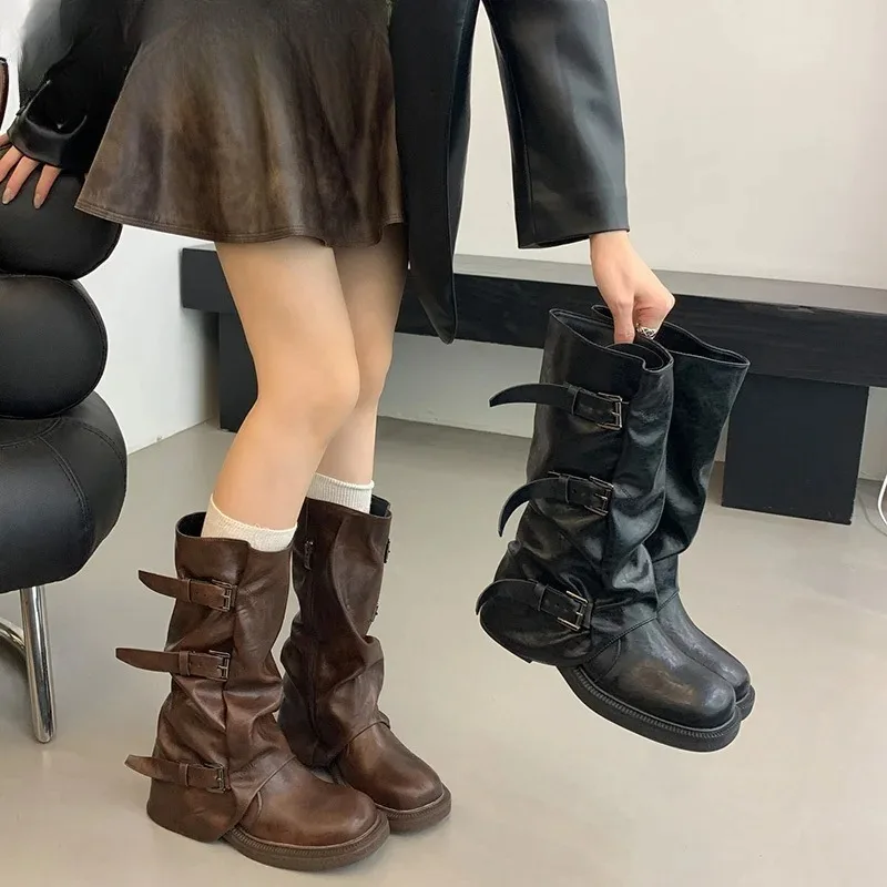 

MEOD Autumn Winter Vintage Woman Knight Knee High Boots Shoes Ladies Elegant Thick Low Heel Belt Buckle Western Cowboy Botas