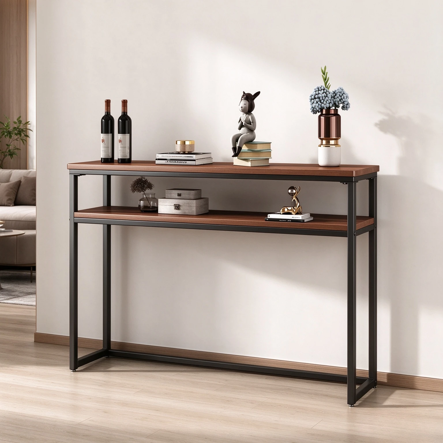 Scandinavian Solid Wood Slim Floor Storage Shelf, Long Narrow Wall Sideboard and Console Table for Living Room and Home Interior