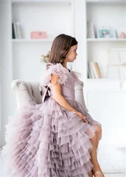 Kids Surprise Birthday Present Lovely Tulle Lace Printed Feather Flower Girl Dress Princess Ball First Communion Dresses