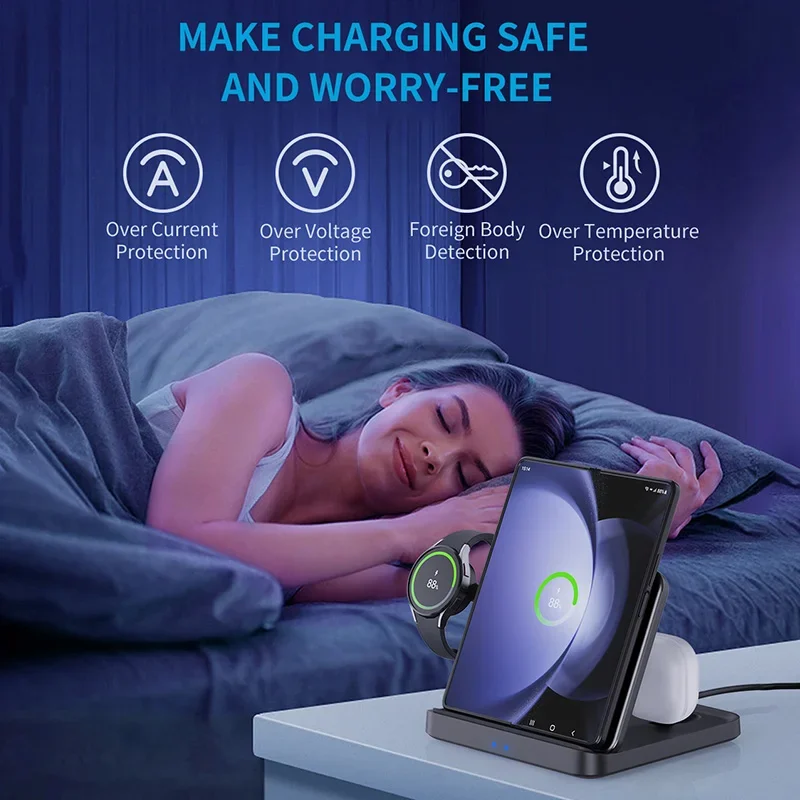 حامل شاحن لاسلكي قابل للطي لساعة سامسونج جالاكسي ، محطة شحن سريعة ، Z Fold 5 ، 4 Flip ، S23 ، S21 ، 3 في 1 ، Buds2