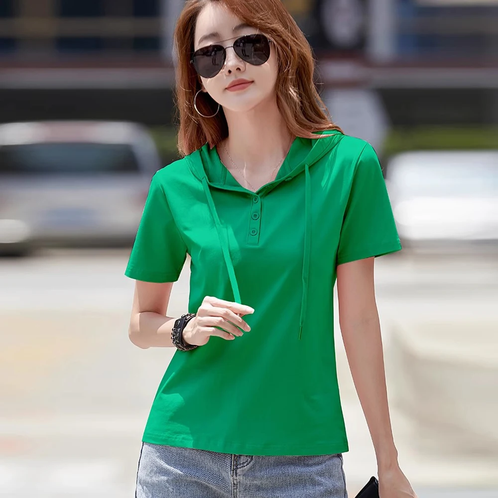 European station hooded short sleeved T-shirt for women's summer new fashionable light luxury style loose casual oversized top