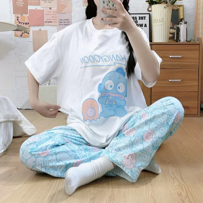 Cartoon Sanrio ugly fish pajamas autun new short-sleeved long-sleeved crew neck two-piece set women's pajamas loungewear set  h