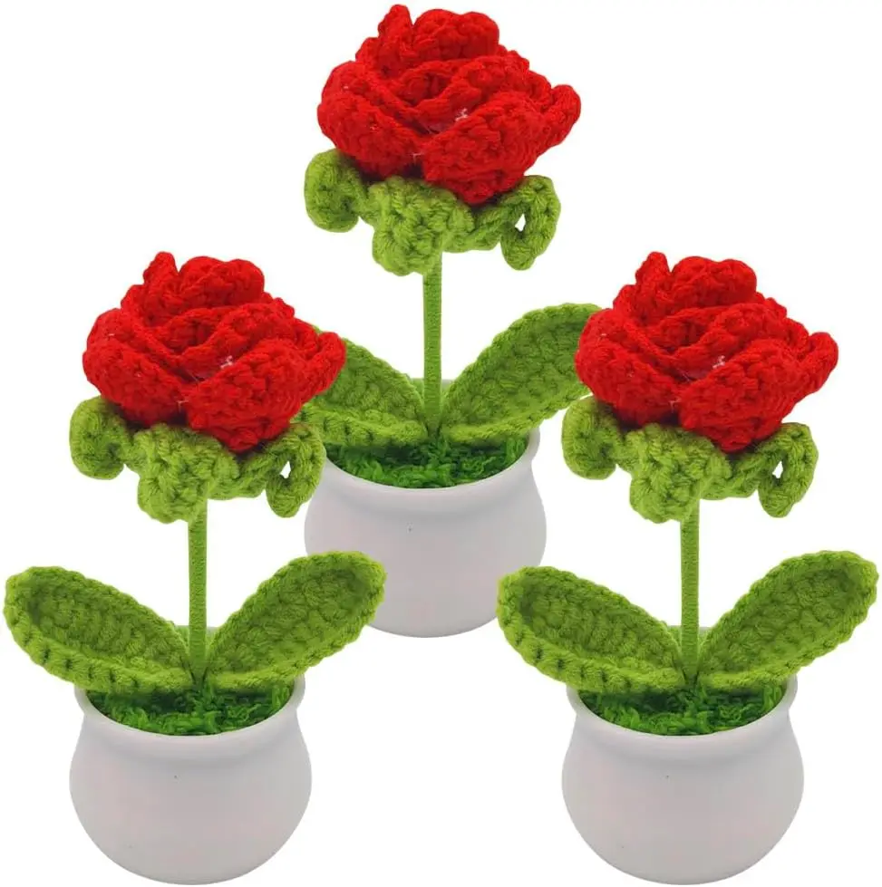 

3Pcs Artificial Flowers, Faux Sunflower Crochet Flower in Pot, Hand-Knitted Woolen Yarn Flowers, Hand Woven Crochet Patted Flowe