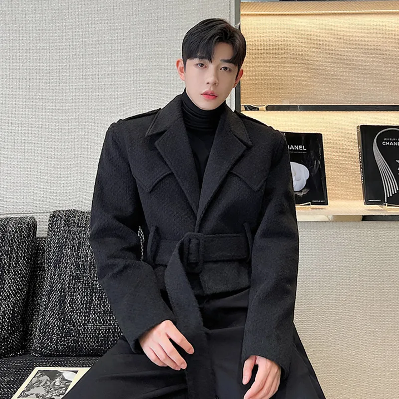 IEFB Autumn Winter Thickened Designer Short Woolen Belt Men Jacket Coat 2023 Solid Color Korean Fashion Male Tops 9A6200