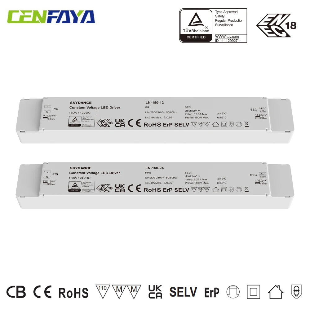 CENFAYA 150W LED Driver DC 12V 24V Transformer Constant voltage output 1CH LED power supply Suitable for Class II III fixtures