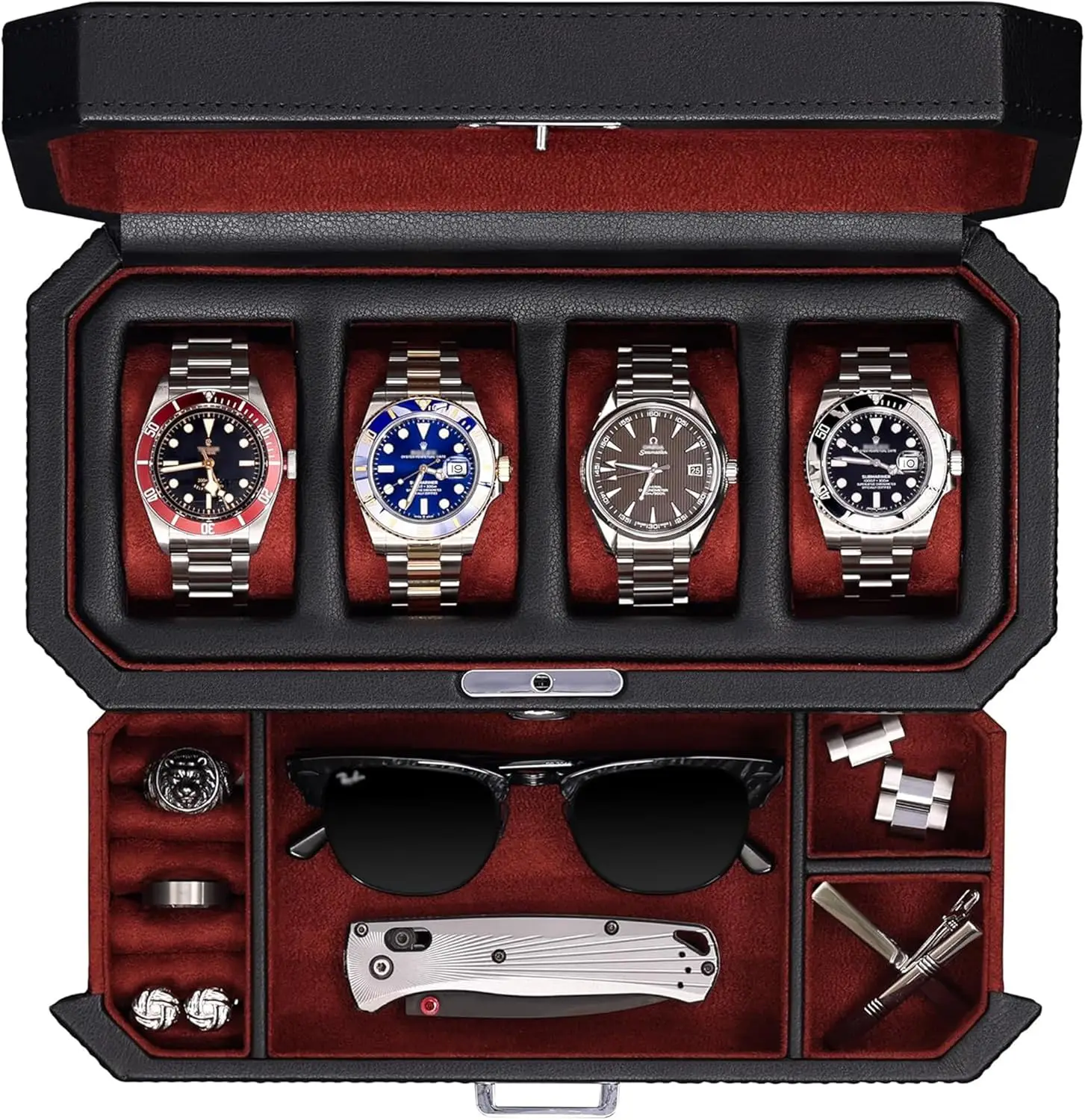 4 Slot Leather Watch Box with Valet Drawer, Locking Display Case with Glass Top, Watch Organizer for Men & Women (Red)