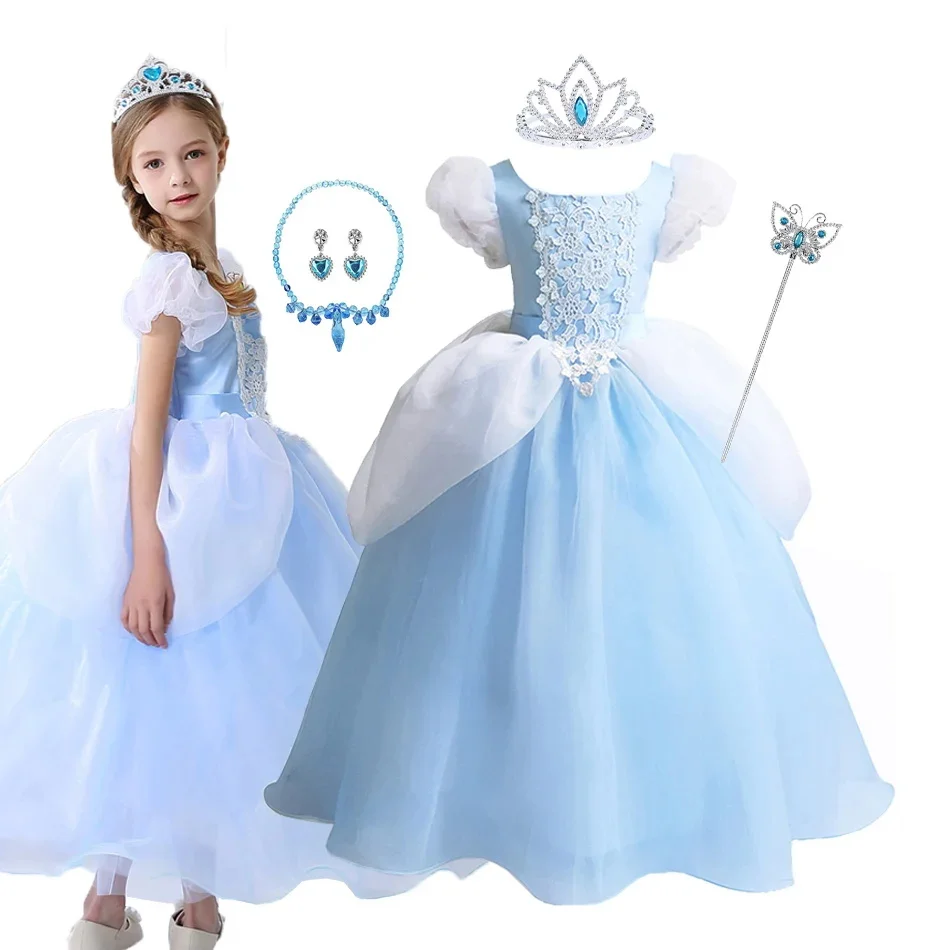 Little Girls Cinderella Princess Dress Up Clothes Appliques Tulle Long Ball Gown+Accessories Carnival Birthday Halloween Costume