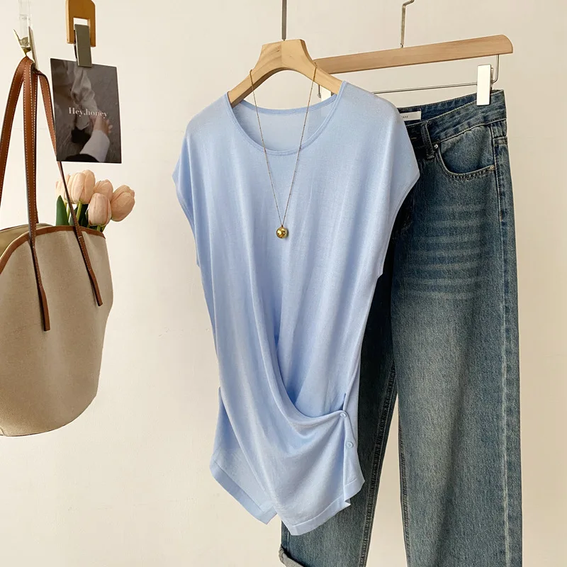 

Dave&di 26 Summer New Product Mulberry Silk Lyocell Knitted Shirt Women's Simple Solid Color Round Neck Sleeveless Cross Top