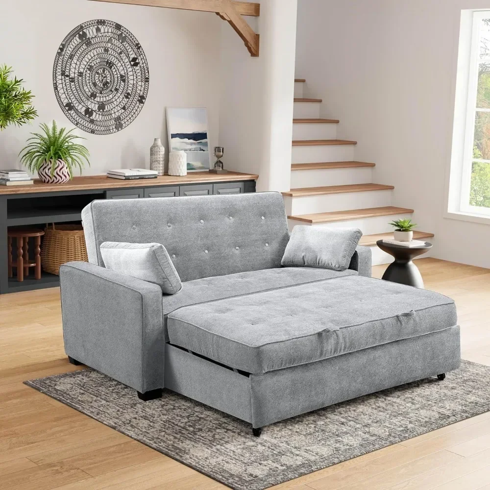 Full Size Convertible Loveseat, Position Lock,Polyester,Convertible, Recliner, Three In One, Easy to Assemble, Light Gray