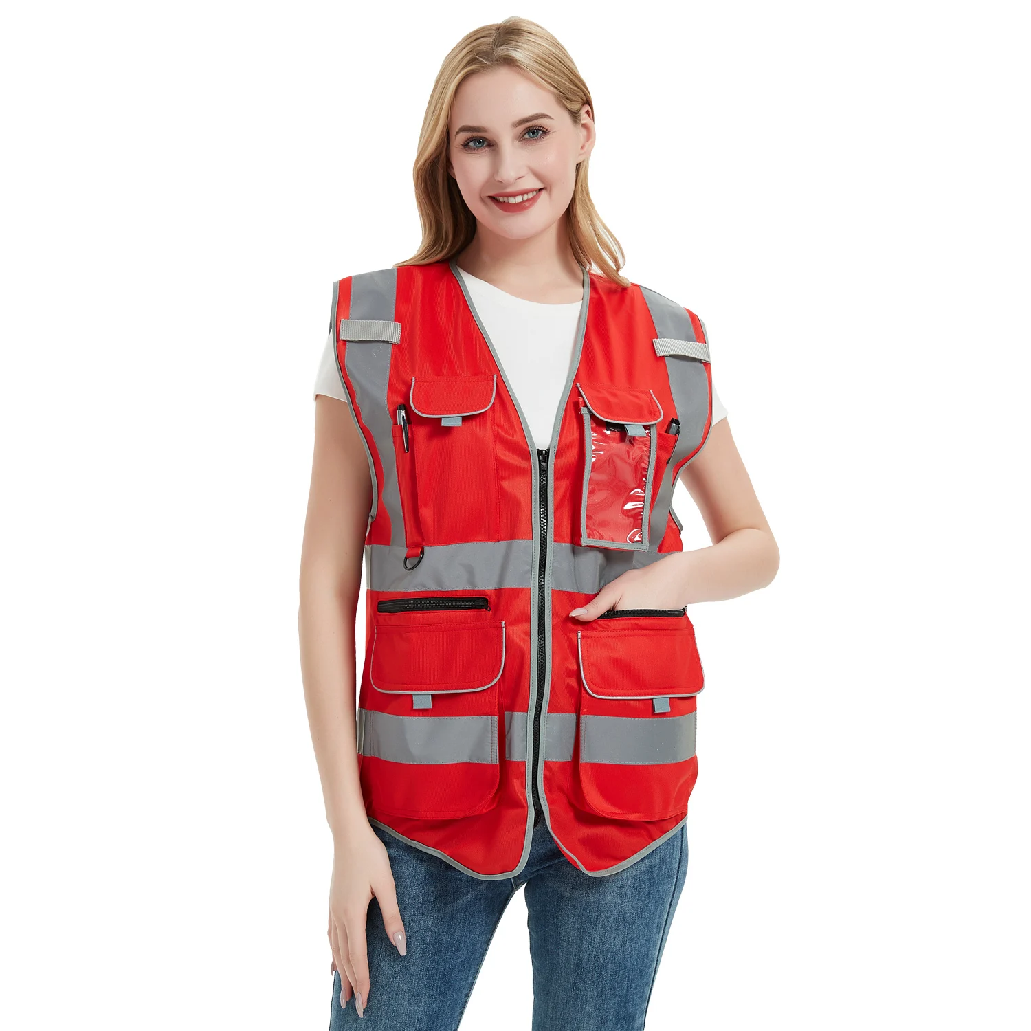 Gilet di sicurezza colore rosso gilet ad alta visibilità donna cerniera anteriore Multi tasche gilet da lavoro uniforme