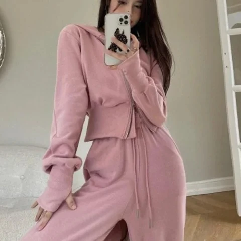 Women\'s Fall/Winter Retro Casual Hooded Sweatshirt Wide-leg Pants Set Japanese Short Zip Cardigan Jacket Trousers Two-Piece Set