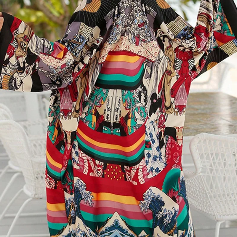Spring and Autumn Mid-Length Loose Beach Cover-Up Cardigan Bathrobe Kimono Retro Style Bohemian Long Skirt Bikini Cover-Up Sun Protection Clothing