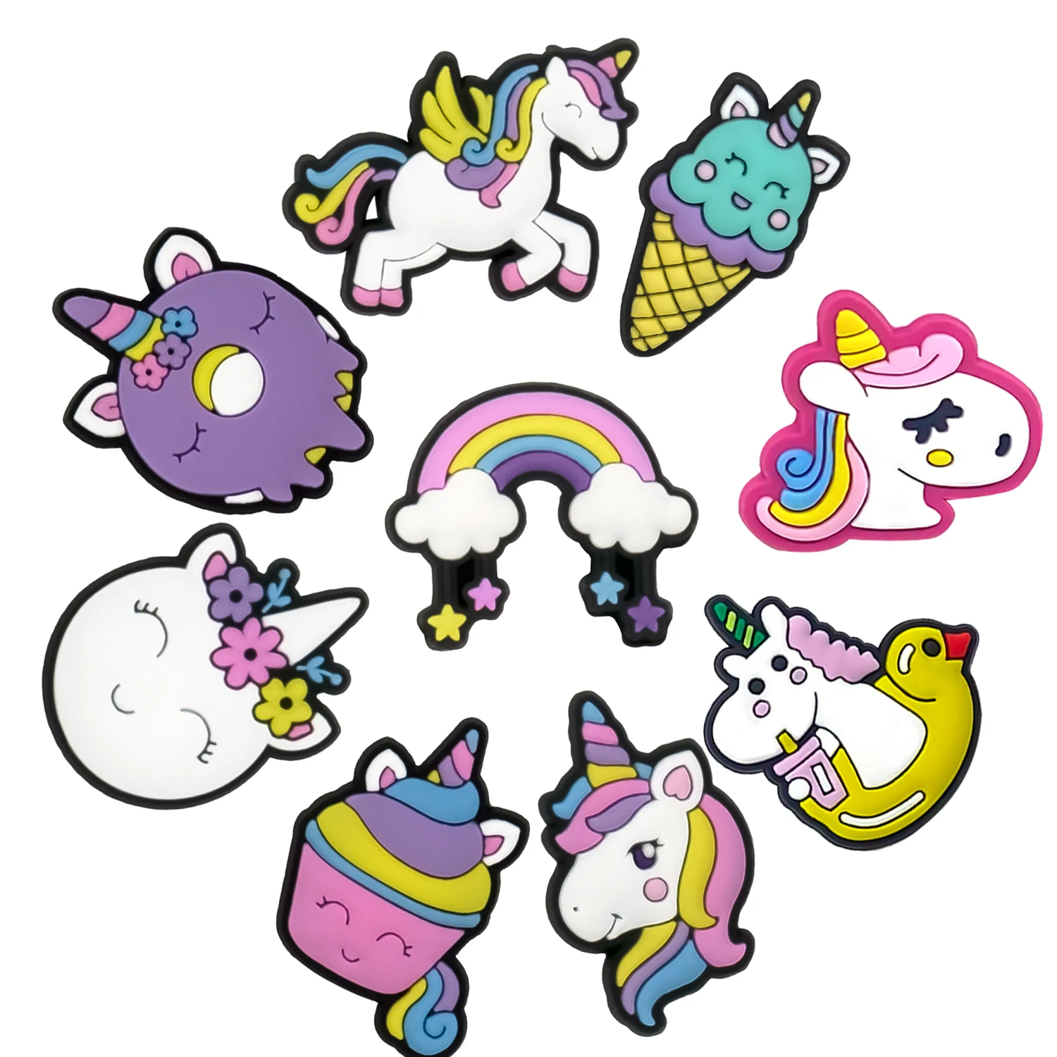 10PCS Cute Unicorn PVC Shoe Charms for Women Rainbow Pony Pegasus Shoe Decorations Purple Donuts Cake Garden Sandals Clog Jeans