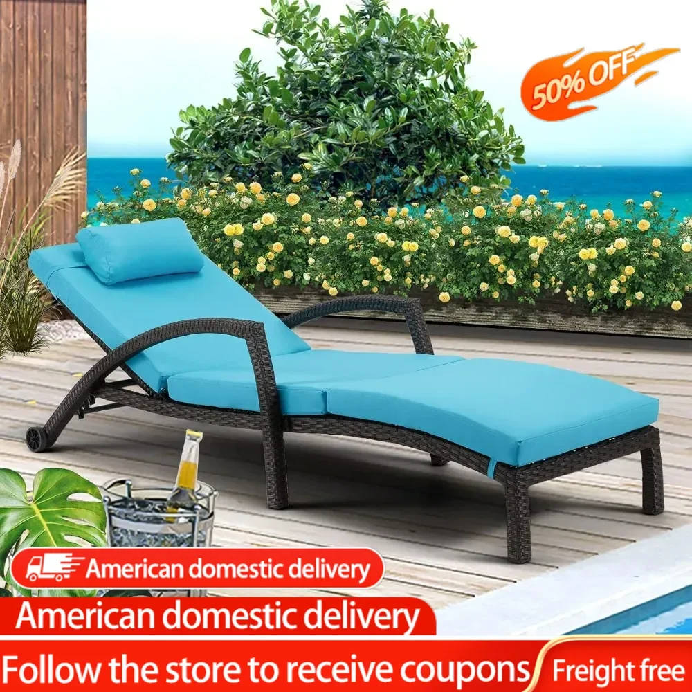 

Recliner Chair Chaise Lounge Chairs Set of 4 PE Rattan Wicker Lounge Chair With Arm and Wheels for Poolside Blue Deck-chair Room