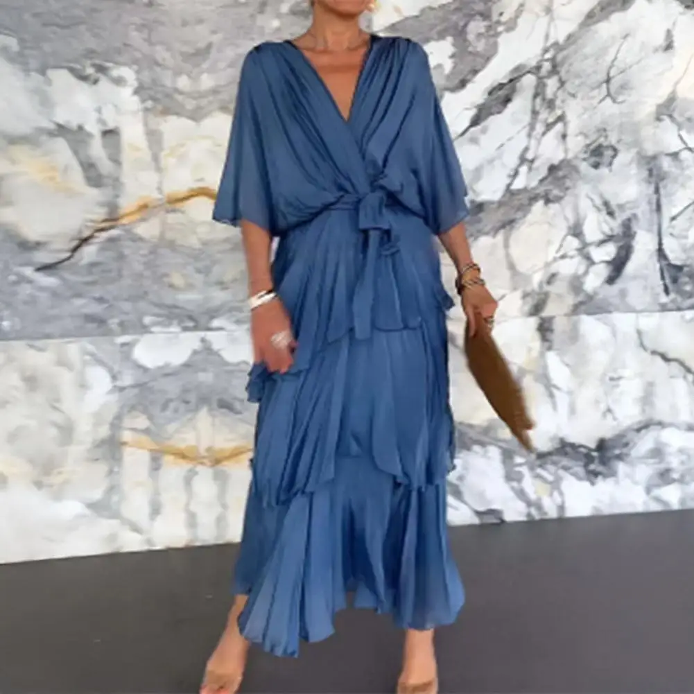 Vestido de casamento de chiffon fluido feminino plissado meia manga império cintura ruched envoltório vestido com decote em v em camadas vestidos de balanço roupa feminina