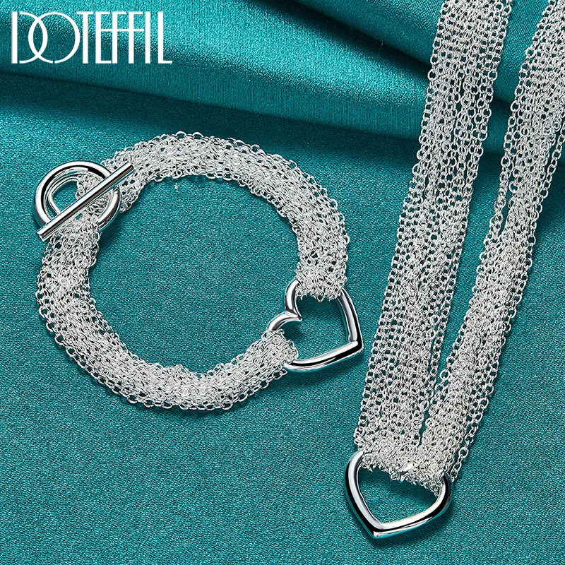 

DOTEFFIL 2pcs 925 Sterling Silver Heart Multi-Chain Necklace Bracelet Set For Woman Man Wedding Engagement Fashion Charm Jewelry