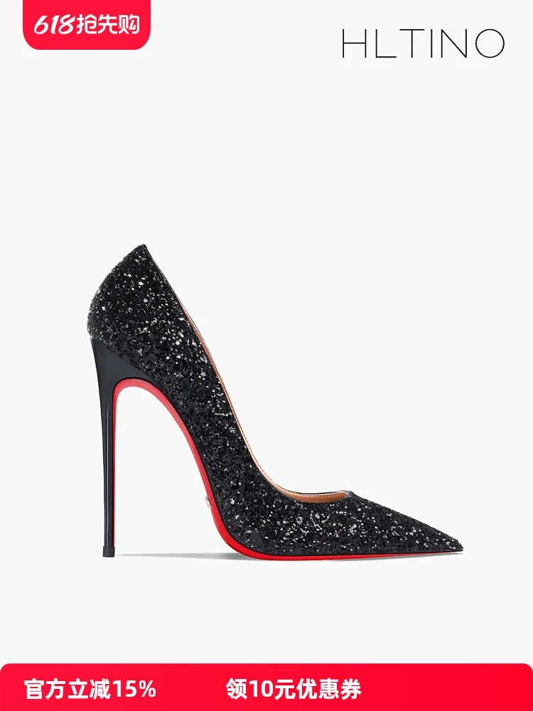 

New 12cm ultra pointed high heels for women, slim heels, black silver sequins, sexy professional fashion, versatile single shoes