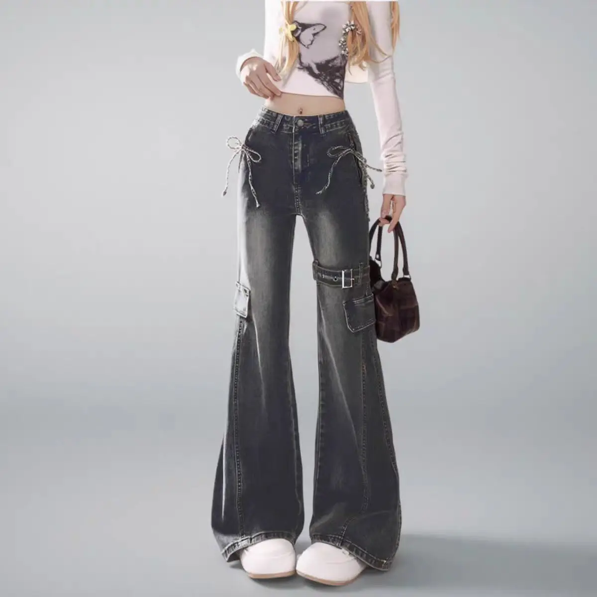

Women Dark Academia Grunge Cyber Punk Jeans Y2k Japanese Harajuku Flare Pants Streetwear 2000s 90s Bell-Bottom Denim Trousers