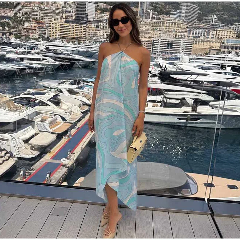 

Fashionable Print Satin Women's Vest Halter Lace Up Backless Asymmetrical Slim Fit Top 2026 Summer New Casual Lady Tanks Tops
