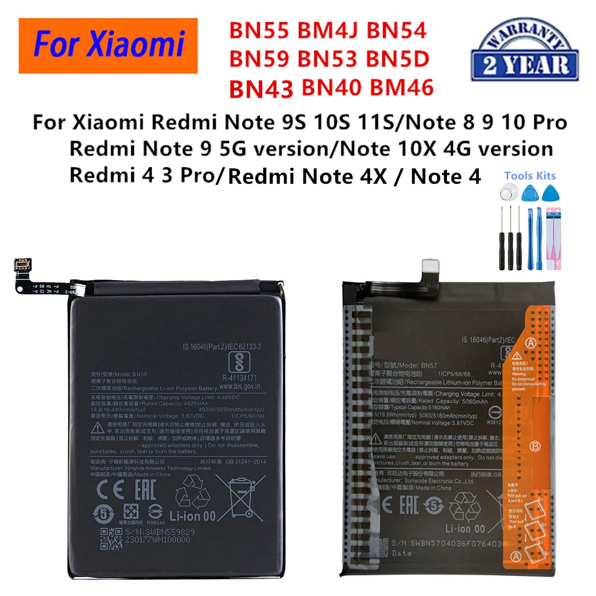 BN55 BM4J BN54 BN59 BN53 BN5D BN40 BM46 BN43 Battery For Xiaomi Redmi Note 9S 10S 11S/Note 4 4X 3 8 9 10 Pro Redmi Note 10X