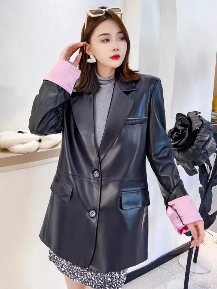 Spring Elegant Office Ladies Genuine Leather Suit Jacket New Middle Long Single Breasted Design Blazers Women Sheepskin Coat