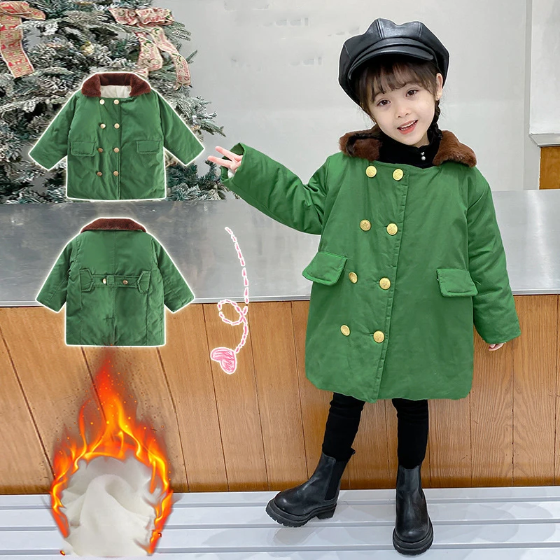 Children's Army Coat With Thickened Cotton For Warmth. Mid Length Military Green Boys' Retro Coat With Vintage Cotton Jacket And