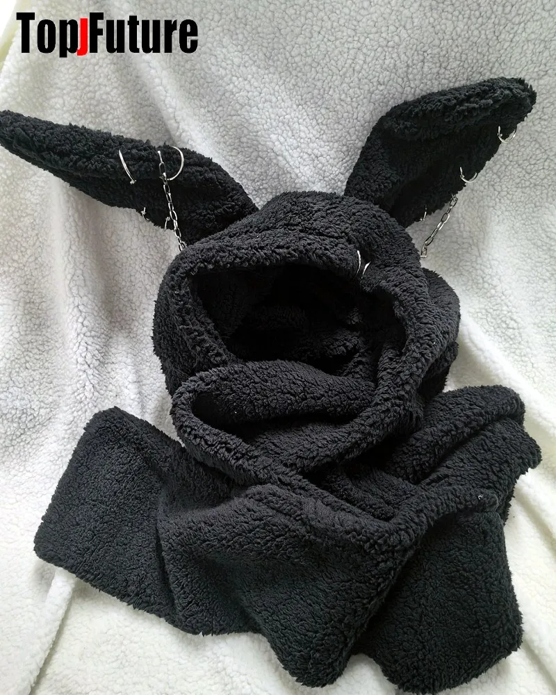 Women Harajuku Y2K Girls Long Rabbit Ear Hat Gothic Chain Beanie Hat Winter Warm Hooded Scarf Streetwear Bunny Ear Hats Scarves