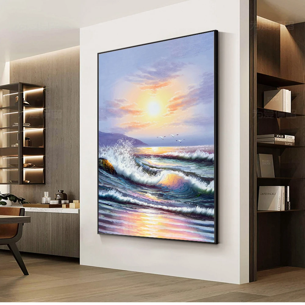 

Sunrise Modern Hand Painted Oil Paintings Wall Art Decor Seascape Artwork Sea Landscape Blue Color on Canvas Home Decorations